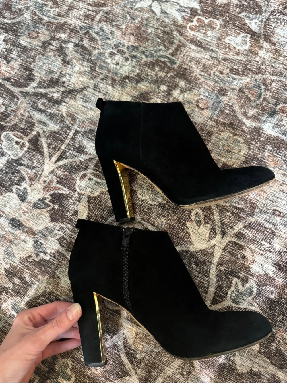 Kate Spade Black Suede Ankle Boots with Gold Accent